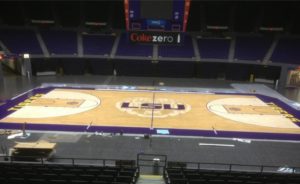 LSU stained tiger head on basketball court